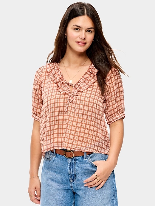 Ruffle Collar Tie-Front Top